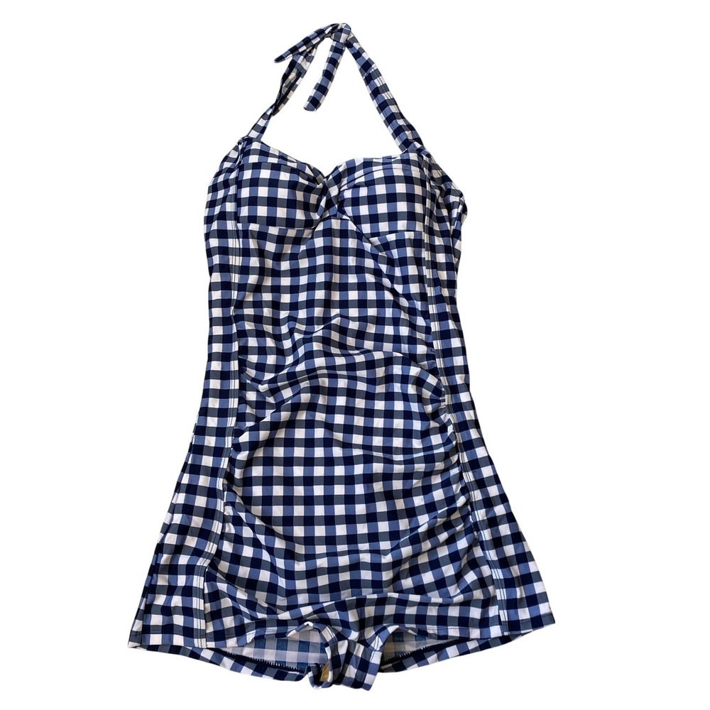 Sport Retro Halter Gingham One Piece Swimsuit Woman 3XL Blue 1950s Pin Up NEW